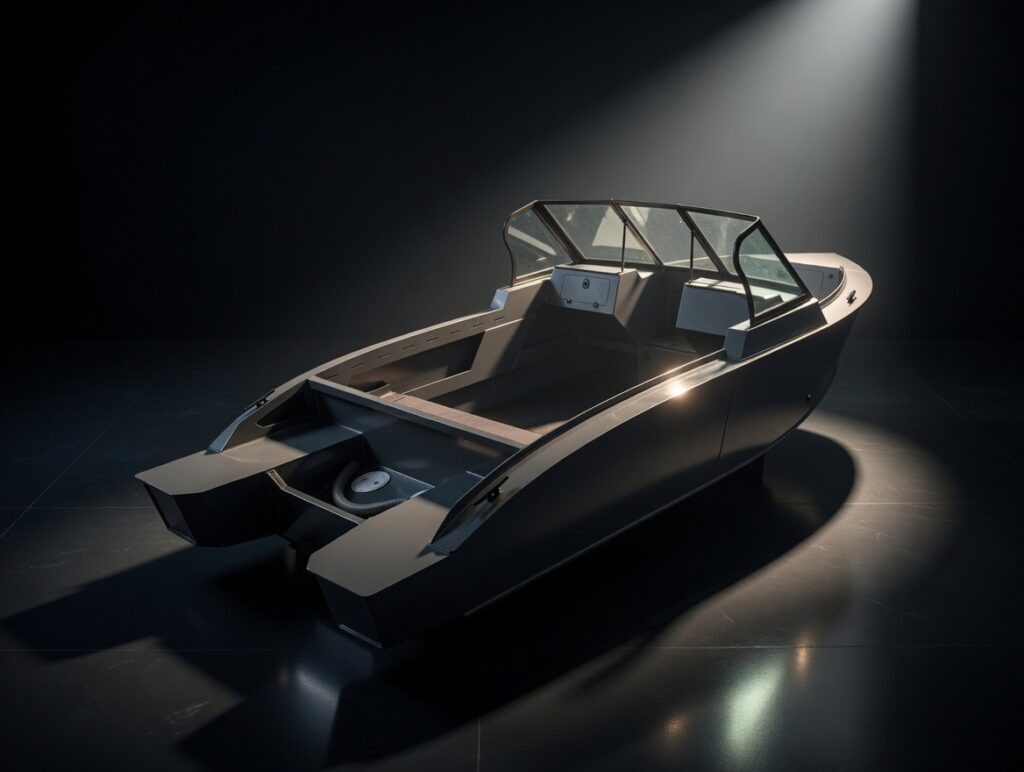 alt="Лодка болотоход GOONCH 500 GT Mud с водометным мотором на мелководье"